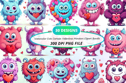 Watercolor Cute Cartoon Valentines Monsters Clipart Bundle Sublimation Regulrcrative 