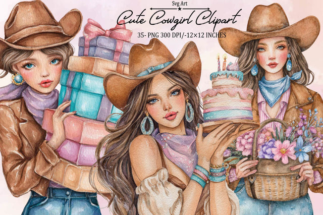 Watercolor Cute Cowgirl Clipart Bundle. Sublimation SVGArt 
