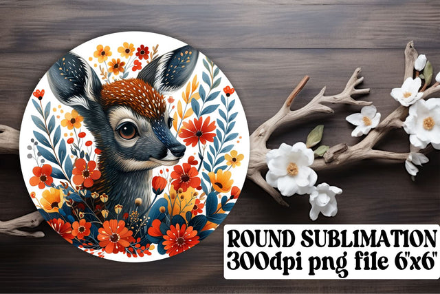 Watercolor Cute Deer & Flowers Round Design Keychain Sublimation Sublimation afrosvg 