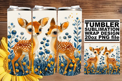 Watercolor Cute Deer & Flowers Tumbler Wrap 20oz Sublimation Art Sublimation afrosvg 