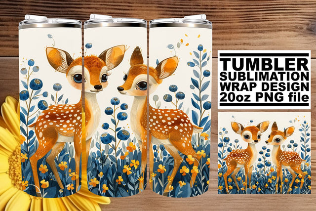 Watercolor Cute Deer & Flowers Tumbler Wrap 20oz Sublimation Art Sublimation afrosvg 