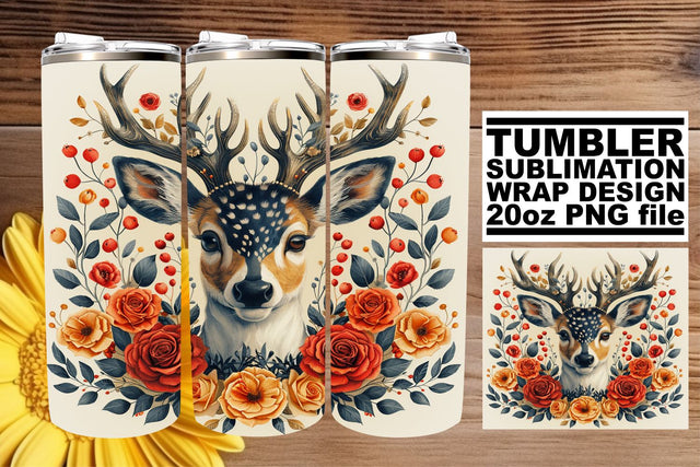Watercolor Cute Deer & Flowers Tumbler Wrap 20oz Sublimation Art Sublimation afrosvg 