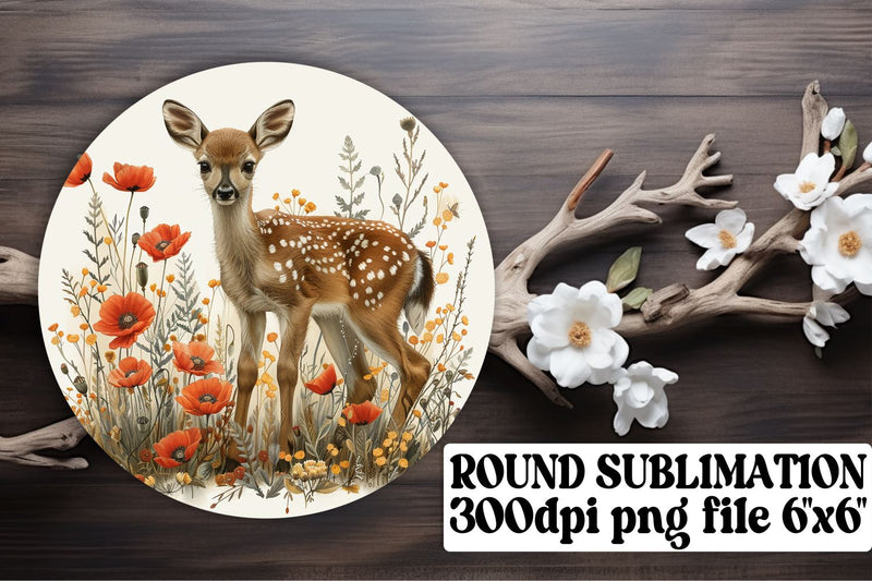 Watercolor Cute Deer with Flowers Keychain Round Design Sublimation afrosvg 