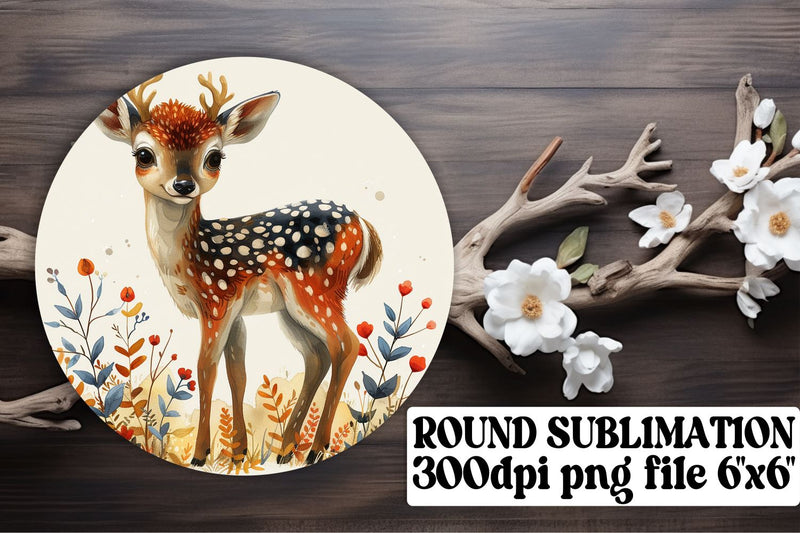 Watercolor Cute Deer with Flowers Keychain Round Design Sublimation Sublimation afrosvg 