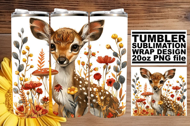Watercolor Cute Deer with Flowers Tumbler Wrap 20oz Sublimation Sublimation afrosvg 