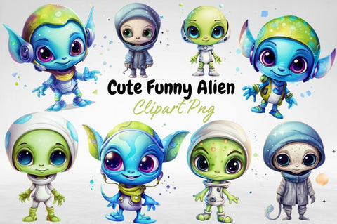 Watercolor Cute Funny Alien Sublimation Clipart Bundle Sublimation Designangry 