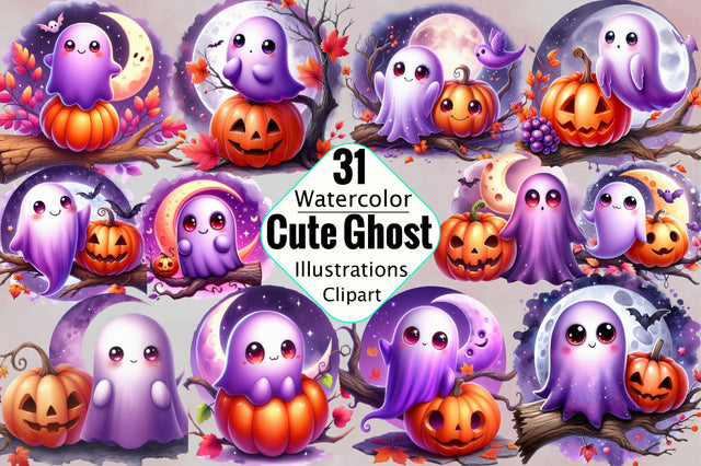 Watercolor Cute Ghost Sublimation Clipart Bundle Sublimation SVGArt 