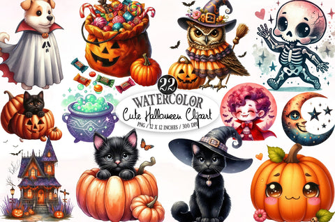 Watercolor Cute Halloween Clipart Bundle Sublimation SVGista 