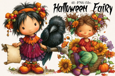 Watercolor Cute Halloween Witch Girl Clipart PNG Bundle Sublimation SVGArt 