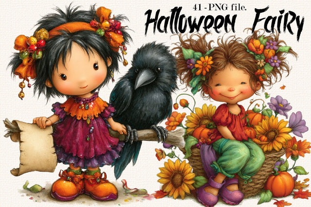 Watercolor Cute Halloween Witch Girl Clipart PNG Bundle Sublimation SVGArt 