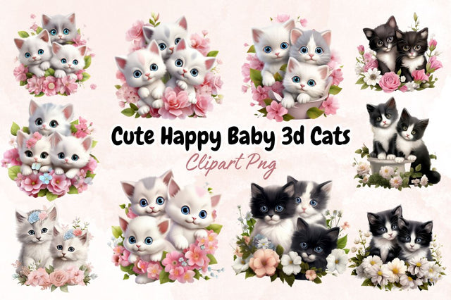 Watercolor Cute Happy Baby 3d Cats Sublimation Bundle Sublimation Designangry 