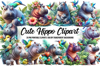 Watercolor Cute Hippo Clipart Sublimation Rupkotha 