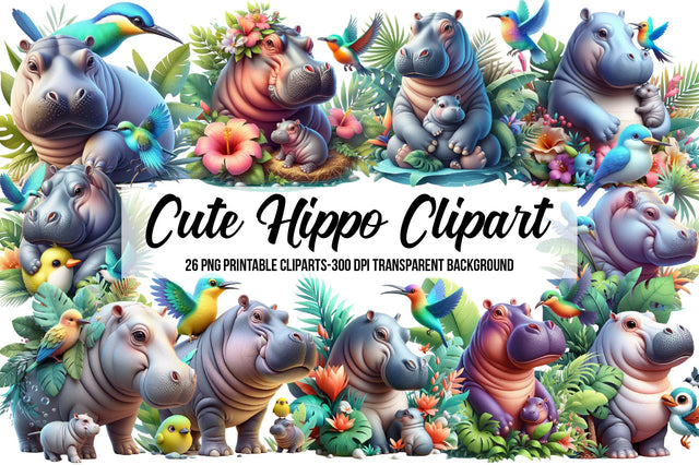 Watercolor Cute Hippo Clipart Sublimation Rupkotha 