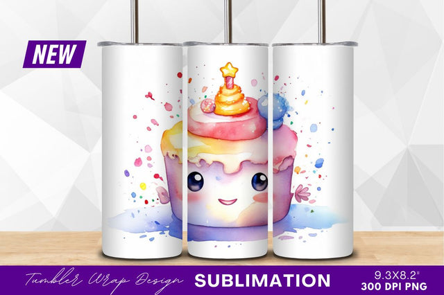 Watercolor Cute Kawaii Cupcake With Star Candle Sublimation Regulrcrative 
