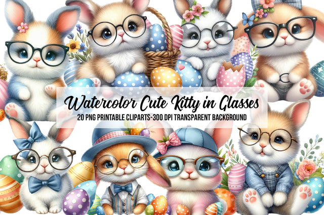 Watercolor Cute Kitty in Glasses Sublimation Rupkotha 