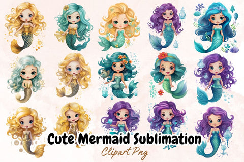 Watercolor Cute Mermaid Sublimation Clipart Bundle Sublimation Designangry 