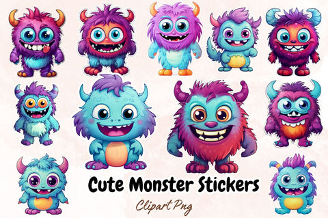 Watercolor Cute Monster Stickers Bundle Sublimation Designangry 