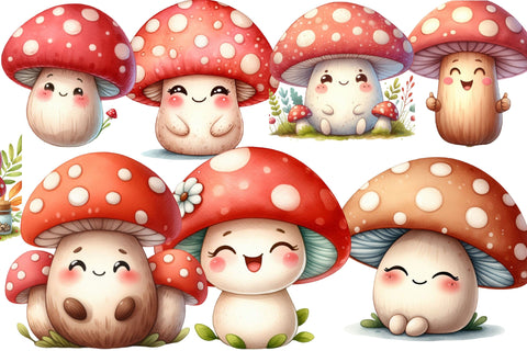 Watercolor Cute Mushroom Smiling Clipart Sublimation Rupkotha 
