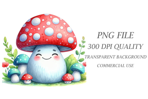 Watercolor Cute Mushroom Smiling Clipart Sublimation Rupkotha 