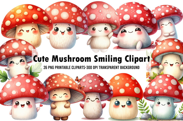 Watercolor Cute Mushroom Smiling Clipart Sublimation Rupkotha 