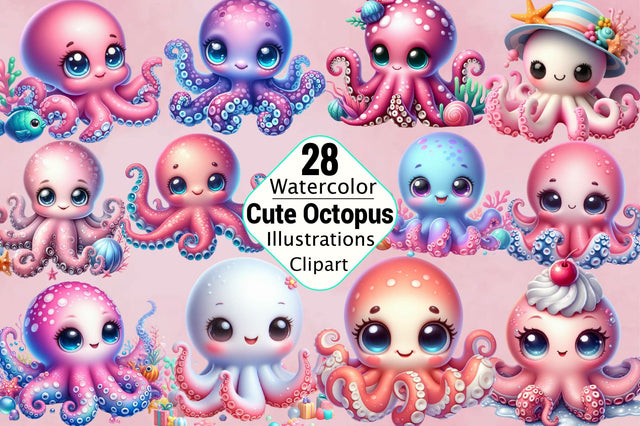 Watercolor Cute Octopus Sublimation Clipart Bundle Sublimation SVGArt 