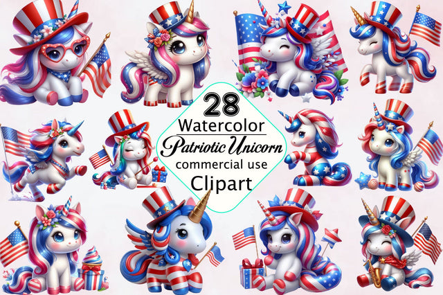 Watercolor Cute Patriotic Unicorn PNG Bundle Sublimation SVGArt 