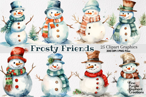 Watercolor Cute Snowman PNG Clipart Sublimation Fine Purple Elephant Creations 