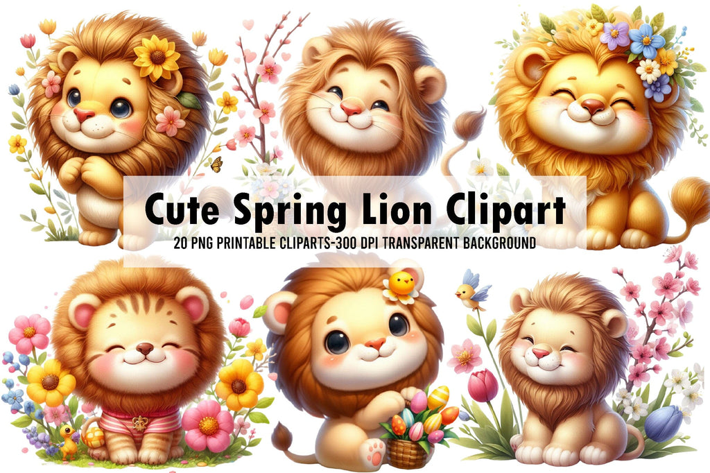 Watercolor Cute Spring Lion Clipart - So Fontsy