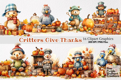 Watercolor Cute Thanksgiving Animals PNG Clipart Sublimation Fine Purple Elephant Creations 