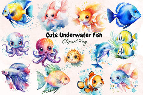 Watercolor Cute Underwater Fish Clipart Bundle Sublimation Designangry 