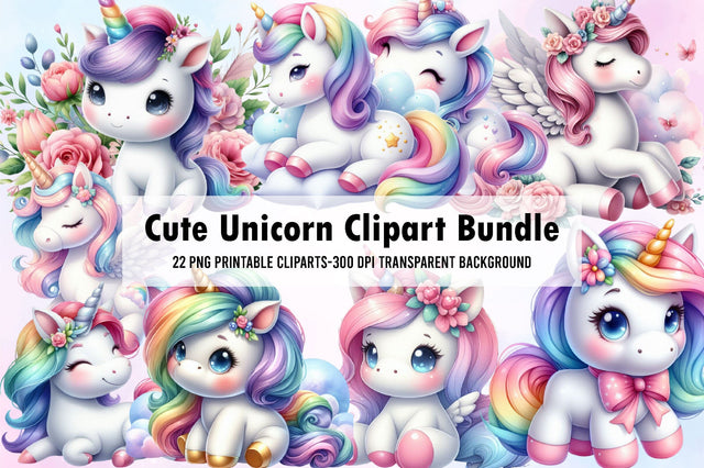 Watercolor Cute Unicorn Clipart Bundle Sublimation Rupkotha 