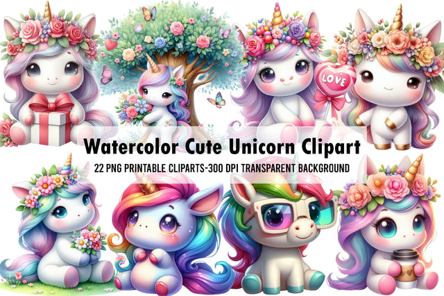 Watercolor Cute Unicorn Clipart Bundle Sublimation Rupkotha 