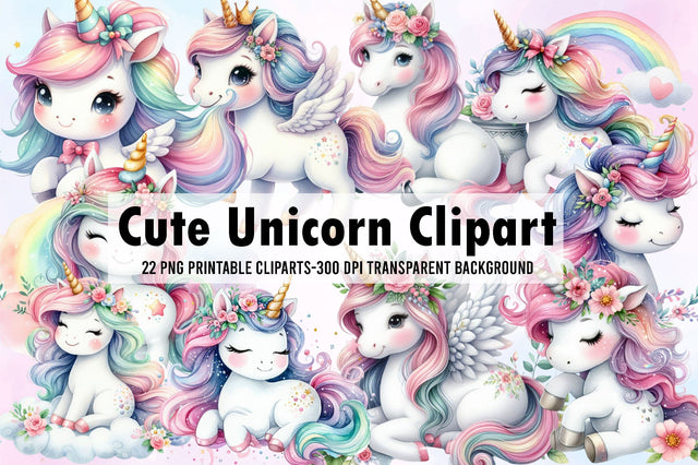 Watercolor Cute Unicorn Clipart Bundle SVG Rupkotha 