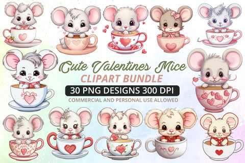 Watercolor Cute Valentines Mice Collection Clipart Bundle Sublimation Regulrcrative 