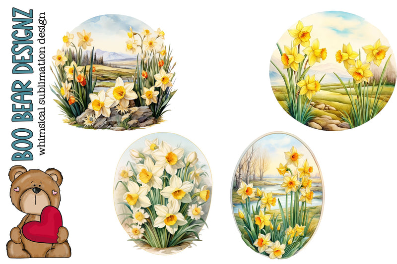 Watercolor Daffodil Oval Clipart Sublimation Boo Bear Designz 