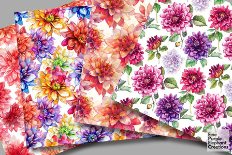 Watercolor Dahlia Flowers Digital Paper Digital Pattern Fine Purple Elephant Creations 