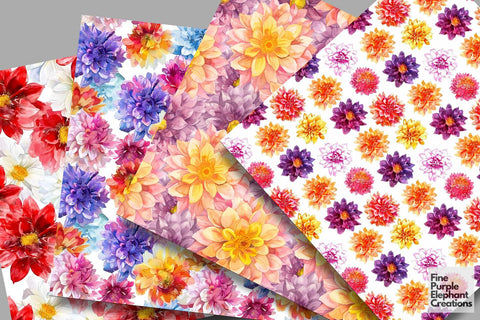 Watercolor Dahlia Flowers Digital Paper Digital Pattern Fine Purple Elephant Creations 