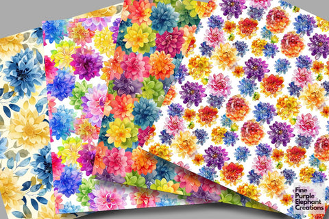 Watercolor Dahlia Flowers Digital Paper Digital Pattern Fine Purple Elephant Creations 