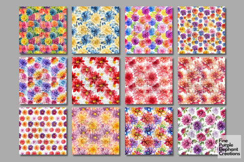 Watercolor Dahlia Flowers Digital Paper Digital Pattern Fine Purple Elephant Creations 