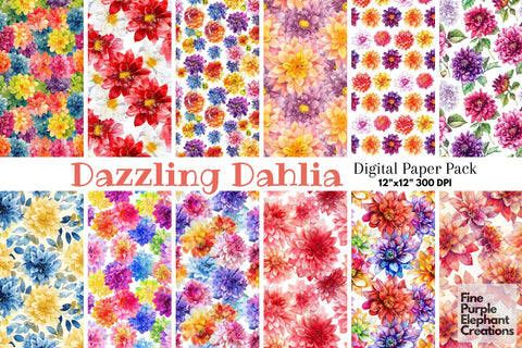 Watercolor Dahlia Flowers Digital Paper Digital Pattern Fine Purple Elephant Creations 