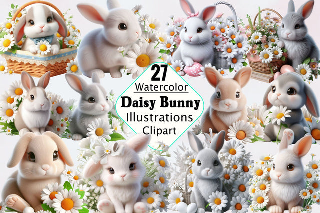 Watercolor Daisy Bunny Clipart Bundle Sublimation SVGArt 