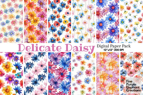 Watercolor Daisy Flowers Digital Paper Digital Pattern Fine Purple Elephant Creations 