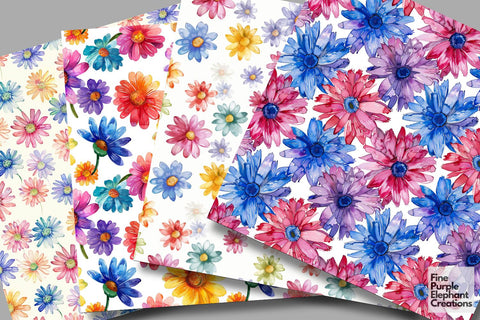 Watercolor Daisy Flowers Digital Paper Digital Pattern Fine Purple Elephant Creations 