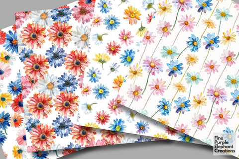 Watercolor Daisy Flowers Digital Paper Digital Pattern Fine Purple Elephant Creations 