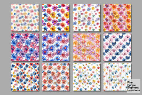Watercolor Daisy Flowers Digital Paper Digital Pattern Fine Purple Elephant Creations 