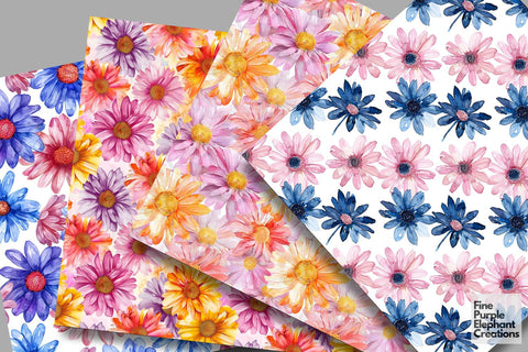 Watercolor Daisy Flowers Digital Paper Digital Pattern Fine Purple Elephant Creations 