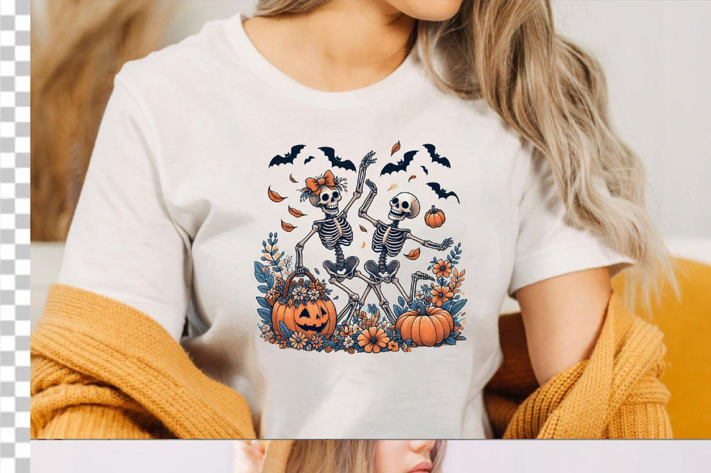 Watercolor Dancing skeletons with pumpkins - So Fontsy