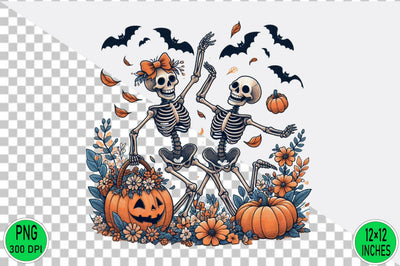 Watercolor Dancing skeletons with pumpkins Sublimation SVGArt 