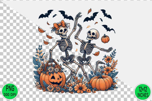 Watercolor Dancing skeletons with pumpkins Sublimation SVGArt 