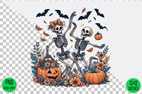 Watercolor Dancing skeletons with pumpkins Sublimation SVGArt 